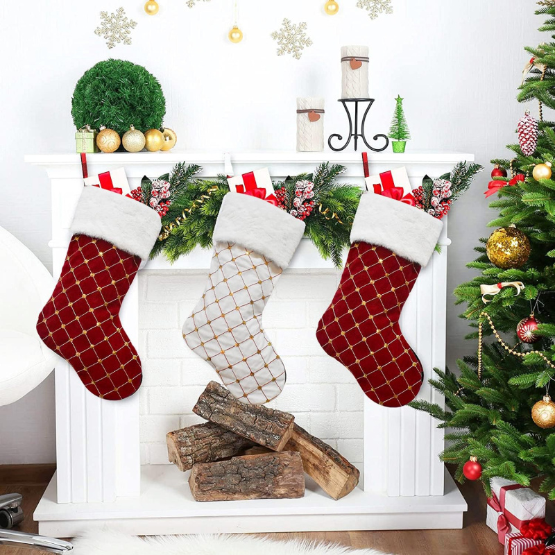 Christmas Stocking Hanging - 크리스마스 양말 부드러운 인조 모피 체크무늬