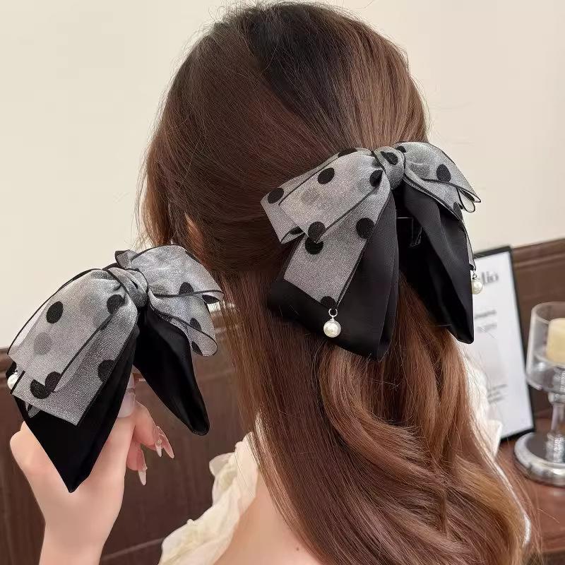 Ribbon Bow Gift - 여성용 우아한 그레이 물방울 무늬 리본
