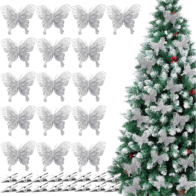 Christmas Wreath Fake - 실버 글리터 속이 빈 나비 클립